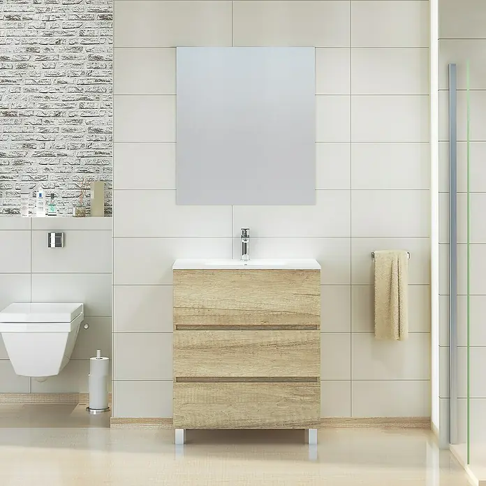 Artysan Mueble bajo de lavabo Patri - L x An x Al: 46 x 70 x 85 cm, Nature - Imagen de un baño moderno con un tocador de madera clara, espejo y inodoro.