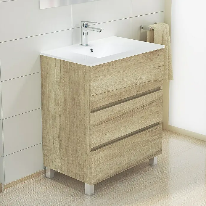 Artysan Mueble bajo de lavabo Patri - L x An x Al: 46 x 70 x 85 cm, Nature - Mueble bajo lavabo con aspecto de madera, tres cajones y patas cromadas para un baño moderno.