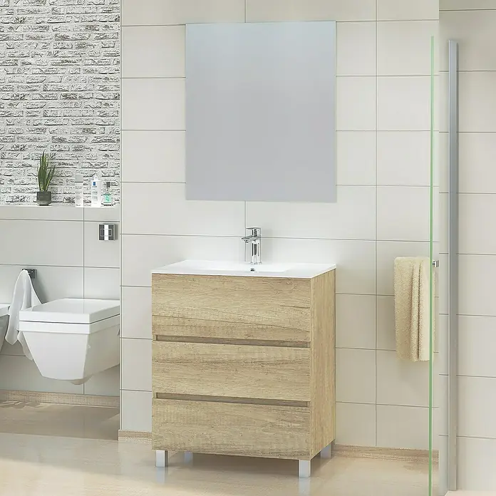Artysan Mueble bajo de lavabo Patri - L x An x Al: 46 x 70 x 85 cm, Nature - Mueble de baño con tres cajones de aspecto madera bajo un espejo cuadrado en un baño moderno.