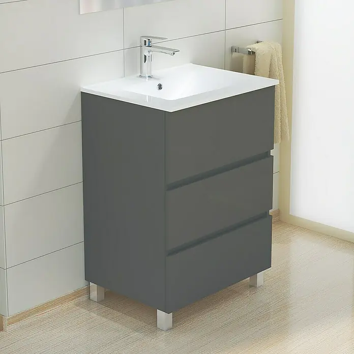 Artysan Mueble de lavabo Patri - 46 x 60 x 85 cm, Gris - Elegante mueble de lavabo gris con tres cajones y grifo cromado, perfecto para baños modernos.\n