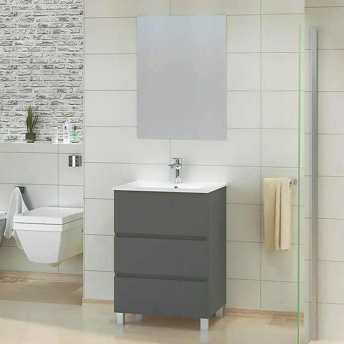 Artysan Mueble de lavabo Patri - 46 x 60 x 85 cm, Gris - Un mueble de baño gris con tres cajones y un lavabo blanco en un baño moderno con espejo.
