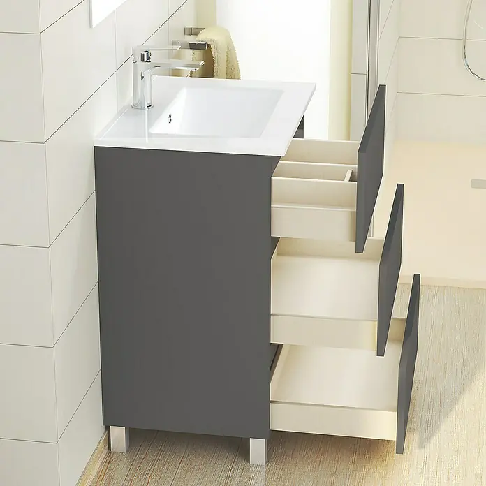 Artysan Mueble de lavabo Patri - 46 x 60 x 85 cm, Gris - Lavabo de baño moderno con tres cajones abiertos y un grifo. Mueble de lavabo gris con elementos blancos y patas cuadradas.