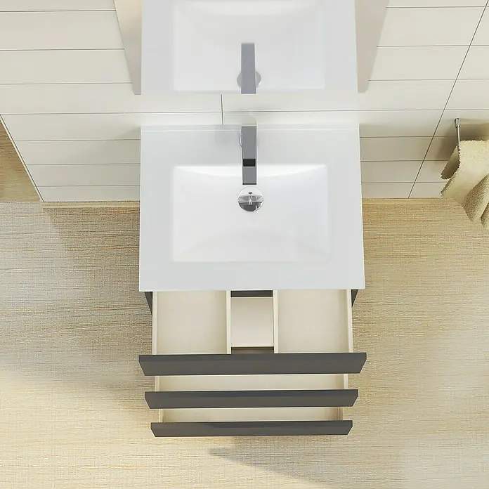 Artysan Mueble de lavabo Patri - 46 x 60 x 85 cm, Gris - Vista superior de un moderno mueble de baño con lavabo y cajones abiertos en un elegante baño.