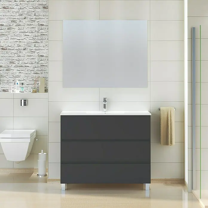 Artysan Mueble bajo de lavabo Patri - 46 x 100 x 85 cm, Negro - Un tocador de baño moderno con un gabinete gris y un espejo grande sobre el lavabo.