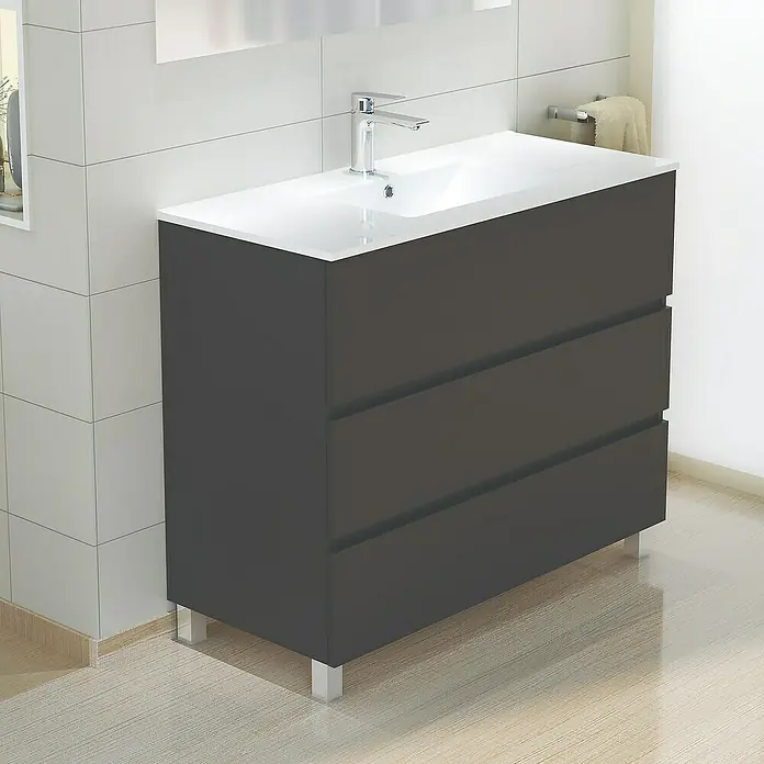 Artysan Mueble bajo de lavabo Patri - 46 x 100 x 85 cm, Negro - Un moderno lavabo de baño con tres cajones en antracita y un lavabo blanco, ideal para cualquier baño.
