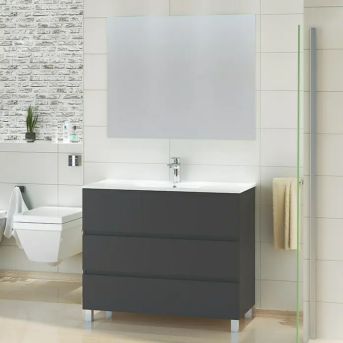Artysan Mueble bajo de lavabo Patri - 46 x 100 x 85 cm, Negro - Un lavabo de baño moderno con tres cajones en gris oscuro, diseño minimalista y espejo.