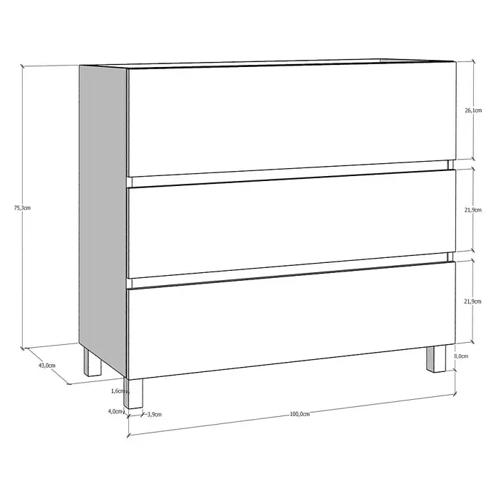 Artysan Mueble de lavabo Patri - 46 x 100 x 85 cm, Nebraska - Ilustración de una cómoda con tres cajones que mide 75,3 cm de alto, 100 cm de ancho y 43 cm de profundidad.