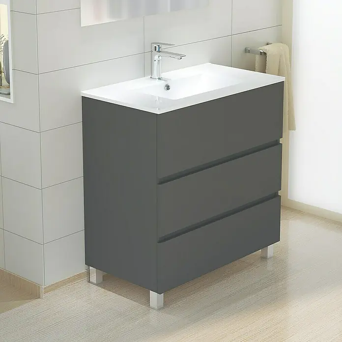 Artysan Mueble bajo de lavabo Patri - 46 x 80 x 85 cm, Gris - Mueble de baño gris con tres cajones y lavabo blanco, perfecto para baños modernos.