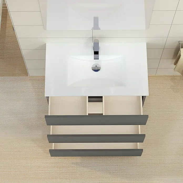 Artysan Mueble bajo de lavabo Patri - L x An x Al: 46 x 70 x 85 cm, Gris seda - Vista cenital de un mueble de baño con lavabo y cajones abiertos, destacando el diseño y la funcionalidad.