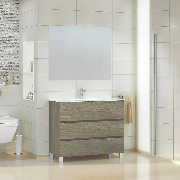 Artysan Mueble de lavabo Patri - 46 x 100 x 85 cm, Nebraska - Baño moderno con mueble de lavabo de aspecto madera con tres cajones, complementado con un espejo a juego.