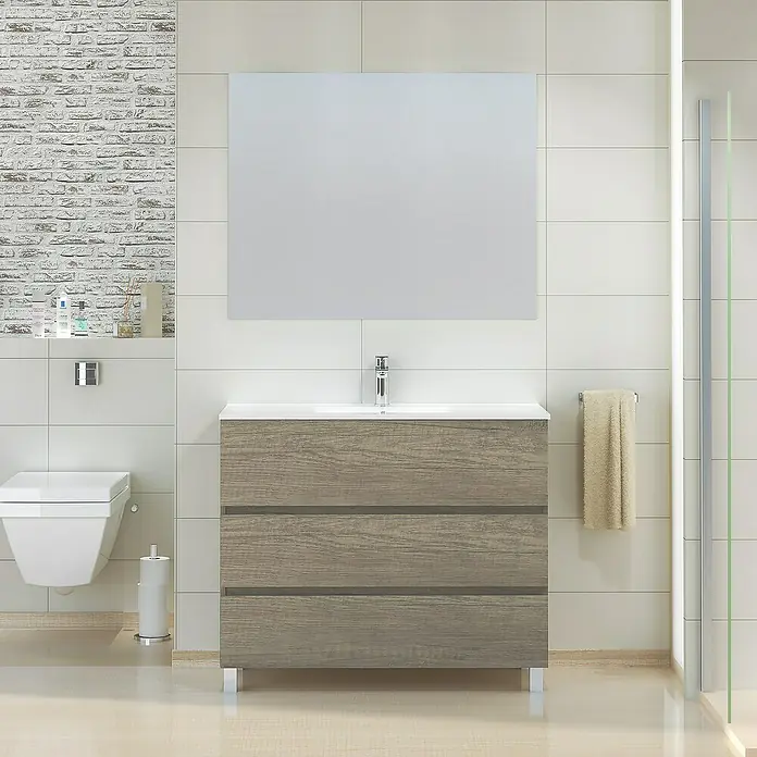 Artysan Mueble de lavabo Patri - 46 x 100 x 85 cm, Nebraska - Un elegante mueble de baño con tres cajones con aspecto de madera, perfecto para baños modernos.