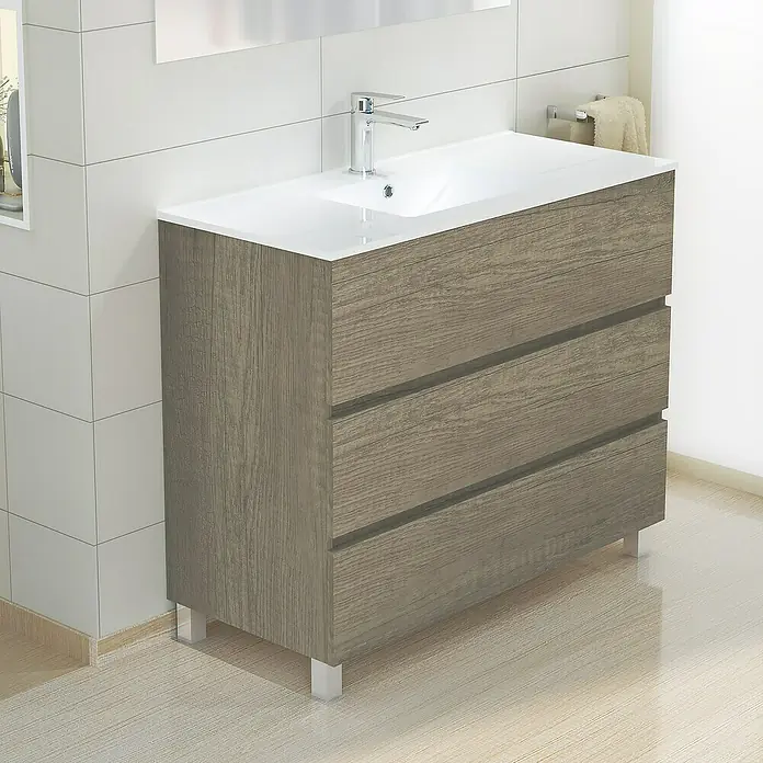 Artysan Mueble de lavabo Patri - 46 x 100 x 85 cm, Nebraska - Un moderno mueble de lavabo con tres cajones y una encimera blanca brillante, ideal para cualquier baño.