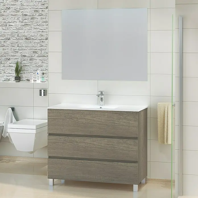 Artysan Mueble de lavabo Patri - 46 x 100 x 85 cm, Nebraska - Imagen de un baño con un tocador moderno de tres cajones y un gran espejo.