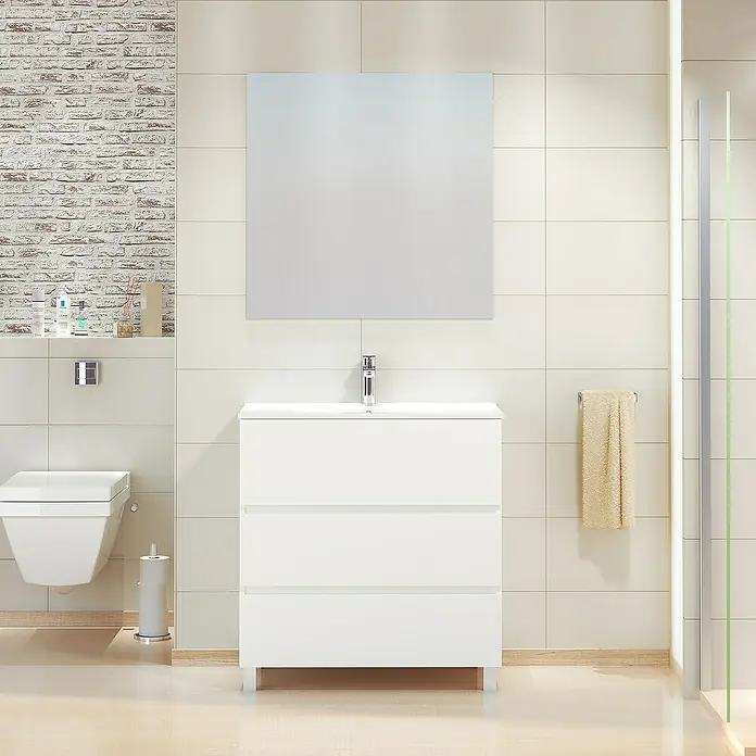 Artysan Mueble bajo de lavabo Patri - 46 x 80 x 85 cm, Blanco mate - Baño moderno con tocador blanco con cajones, espejo, inodoro y ducha para un ambiente elegante.