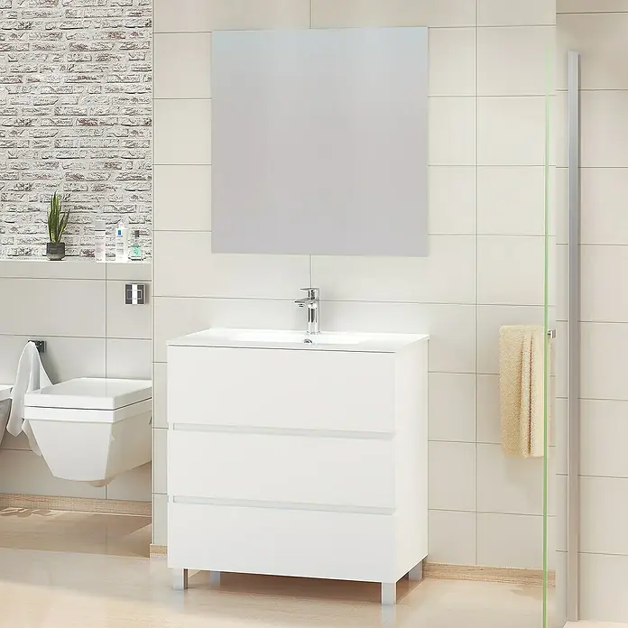 Artysan Mueble bajo de lavabo Patri - 46 x 80 x 85 cm, Blanco mate - Baño con mueble de lavabo blanco con tres cajones y amplio espejo para un toque moderno.