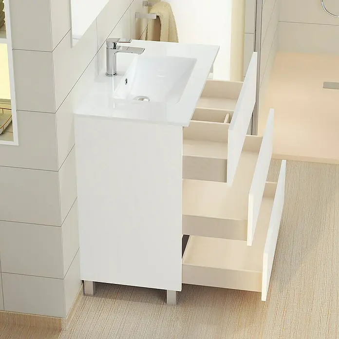 Artysan Mueble de lavabo Patri - 46 x 70 x 85 cm, Blanco mate - Elegante mueble de lavabo blanco con cajones abiertos, que combina diseño moderno y funcionalidad en el baño.