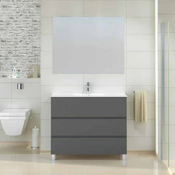 Artysan Mueble bajo de lavabo Patri - 46 x 100 x 85 cm, Gris - Mueble de lavabo gris con tres cajones, lavabo blanco y diseño moderno para baños.