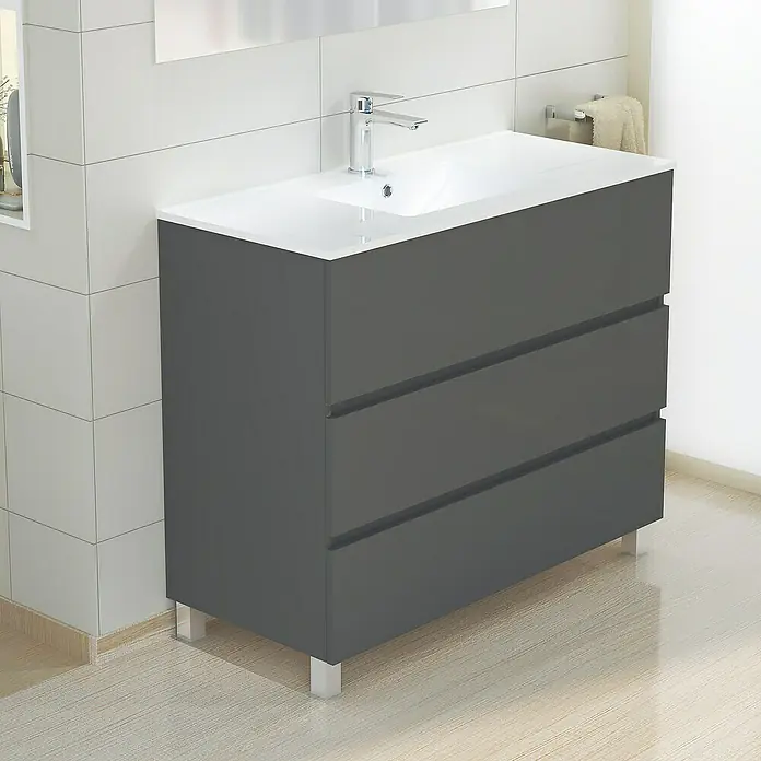 Artysan Mueble bajo de lavabo Patri - 46 x 100 x 85 cm, Gris - Mueble de lavabo gris con tres cajones y lavabo blanco. Equipamiento moderno para un baño elegante y funcional.