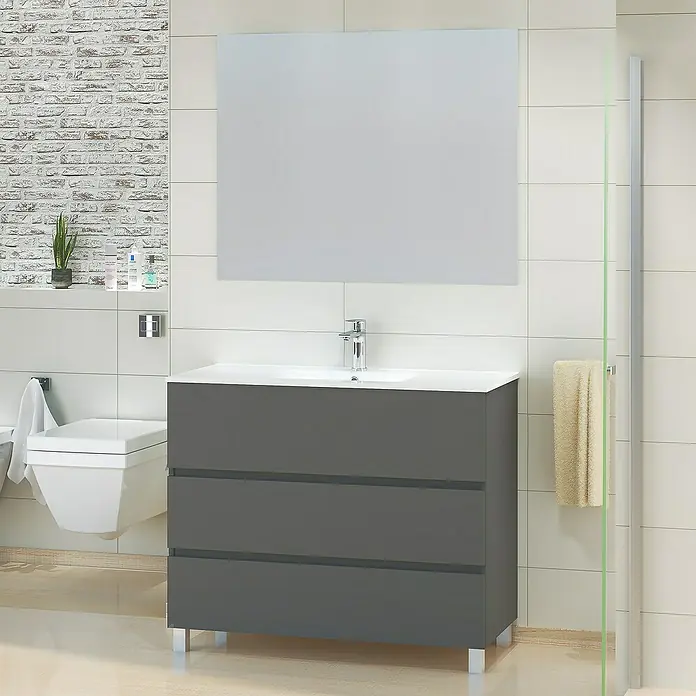 Artysan Mueble bajo de lavabo Patri - 46 x 100 x 85 cm, Gris - Lavabo de baño moderno con tres cajones en gris y un espejo grande.
