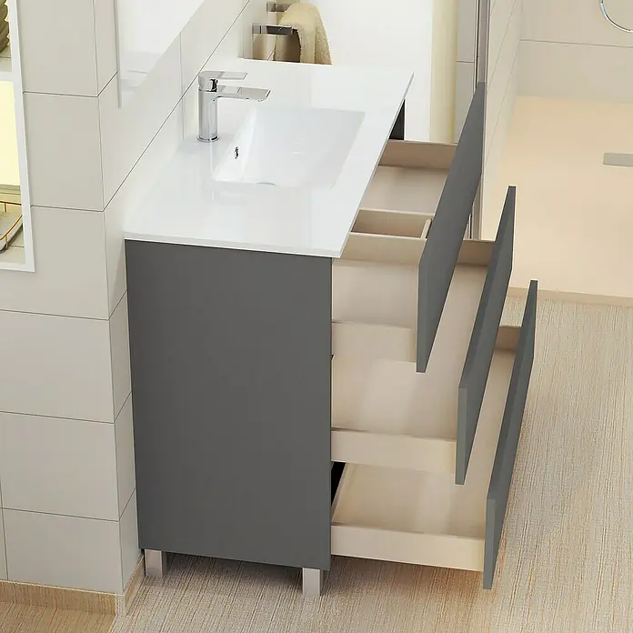 Artysan Mueble bajo de lavabo Patri - 46 x 100 x 85 cm, Gris - Imagen de un mueble de baño con lavabo y varios cajones abiertos. El color gris del mueble complementa el diseño moderno.