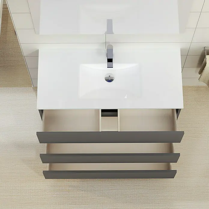 Artysan Mueble bajo de lavabo Patri - 46 x 100 x 85 cm, Gris - Vista superior de un moderno mueble de baño con lavabo, grifo y tres cajones grises. Práctico y elegante para cualquier baño.