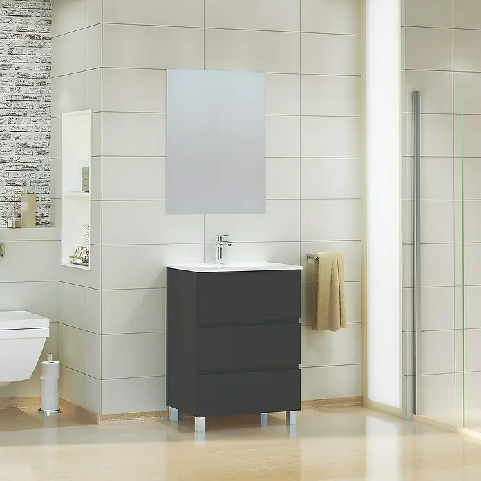 Artysan Mueble bajo de lavabo Patri - L x An x Al: 46 x 60 x 85 cm, Negro seda - Imagen que muestra un moderno mueble de baño con un lavabo elegante y un espejo que crea un ambiente elegante.
