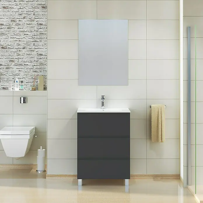 Artysan Mueble bajo de lavabo Patri - L x An x Al: 46 x 60 x 85 cm, Negro seda - Baño moderno con un tocador gris con tres cajones y un espejo cuadrado encima del lavabo.