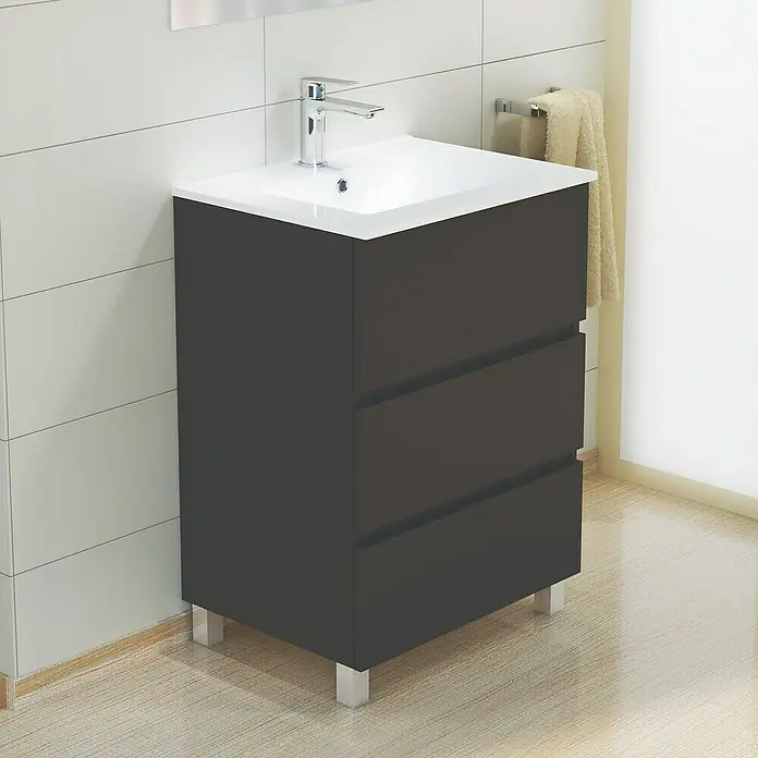 Artysan Mueble bajo de lavabo Patri - L x An x Al: 46 x 60 x 85 cm, Negro seda - Mueble de baño moderno con tres cajones en antracita y lavabo blanco, ideal para baños elegantes.