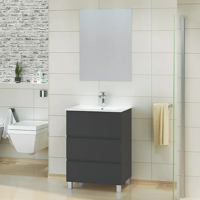 Artysan Mueble bajo de lavabo Patri - L x An x Al: 46 x 60 x 85 cm, Negro seda - Imagen de un baño moderno con un mueble de lavabo gris con cajones y un espejo.