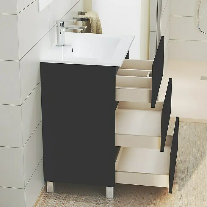 Artysan Mueble bajo de lavabo Patri - L x An x Al: 46 x 60 x 85 cm, Negro seda - Mueble de baño con lavabo y cajones abiertos, diseño moderno para baños con estilo.