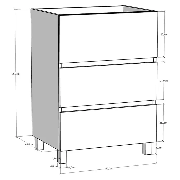 Artysan Mueble de lavabo Patri - 46 x 60 x 85 cm, Gris - Ilustración de un mueble de lavabo con tres cajones, ideal para soluciones y diseño de almacenamiento de baño.
