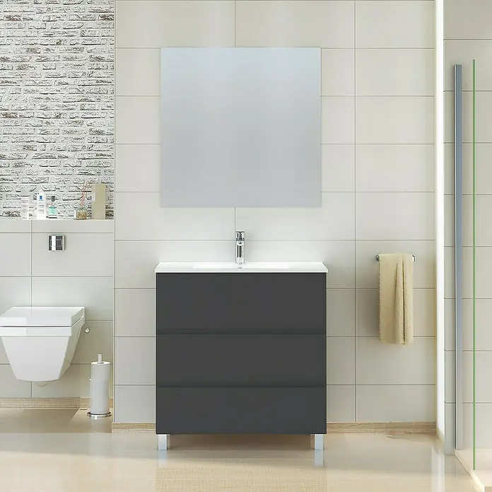 Artysan Mueble de lavabo Patri - 46 x 80 x 85 cm, Negro - Un baño moderno con un mueble de lavabo gris, un espejo y un inodoro.