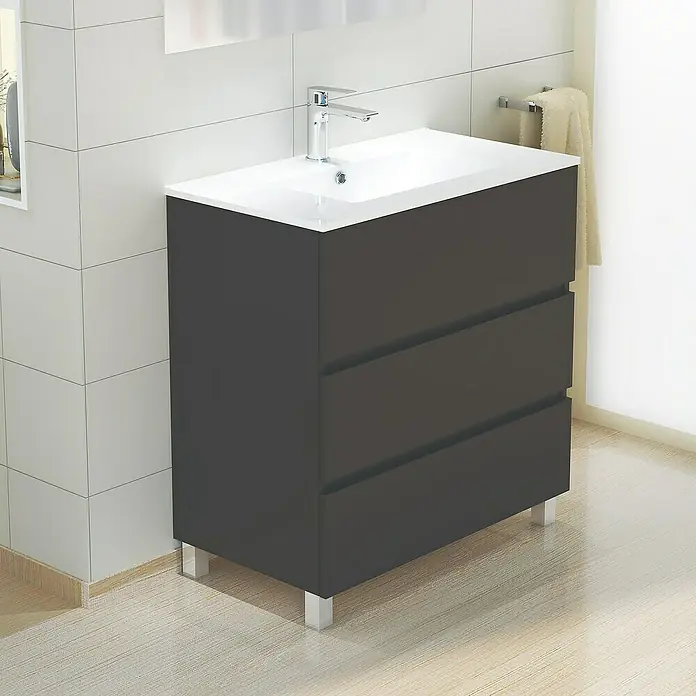 Artysan Mueble de lavabo Patri - 46 x 80 x 85 cm, Negro - Este mueble de baño antracita cuenta con tres cajones y un lavabo blanco, ideal para baños modernos y almacenamiento.