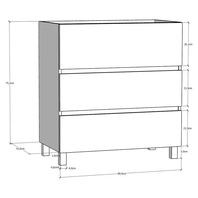 Artysan Mueble de lavabo Patri - 46 x 80 x 85 cm, Negro - Una vista en perspectiva de un armario de baño blanco con tres cajones y patas con dimensiones indicadas.