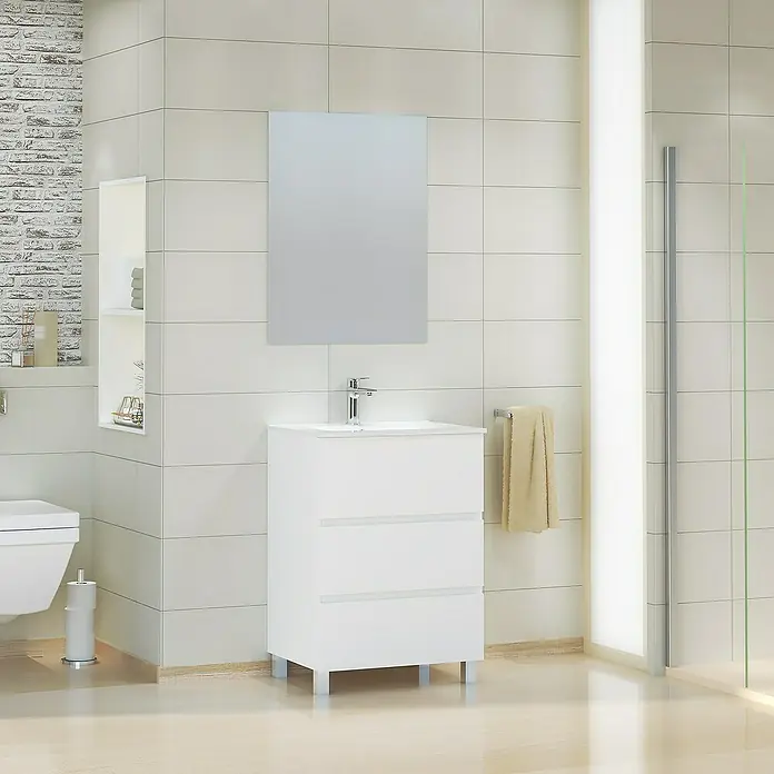 Artysan Mueble bajo de lavabo Patri - 46 x 60 x 85 cm, Blanco mate - Un moderno mueble de baño blanco con tres cajones y un lavabo, perfecto para cualquier baño. El armario con espejo lo complementa a la perfección.