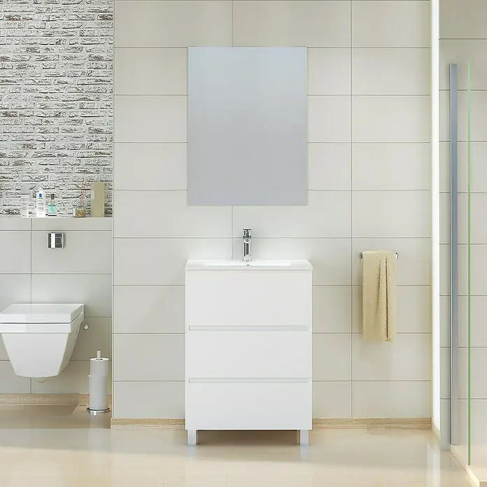Artysan Mueble bajo de lavabo Patri - 46 x 60 x 85 cm, Blanco mate - Baño moderno con mueble de lavabo blanco con cajones, espejo y váter suspendido. El diseño minimalista crea un ambiente elegante.