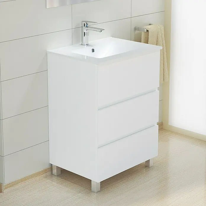 Artysan Mueble bajo de lavabo Patri - 46 x 60 x 85 cm, Blanco mate - Mueble de lavabo blanco con tres cajones y lavabo sobre encimera. Un estilo moderno para cualquier baño.