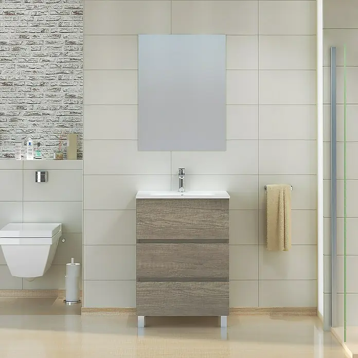 Artysan Mueble bajo de lavabo Patri - 46 x 60 x 85 cm, Nebraska - Baño con mueble de lavabo efecto madera, espejo e inodoro. Diseño de baño moderno con detalles elegantes.