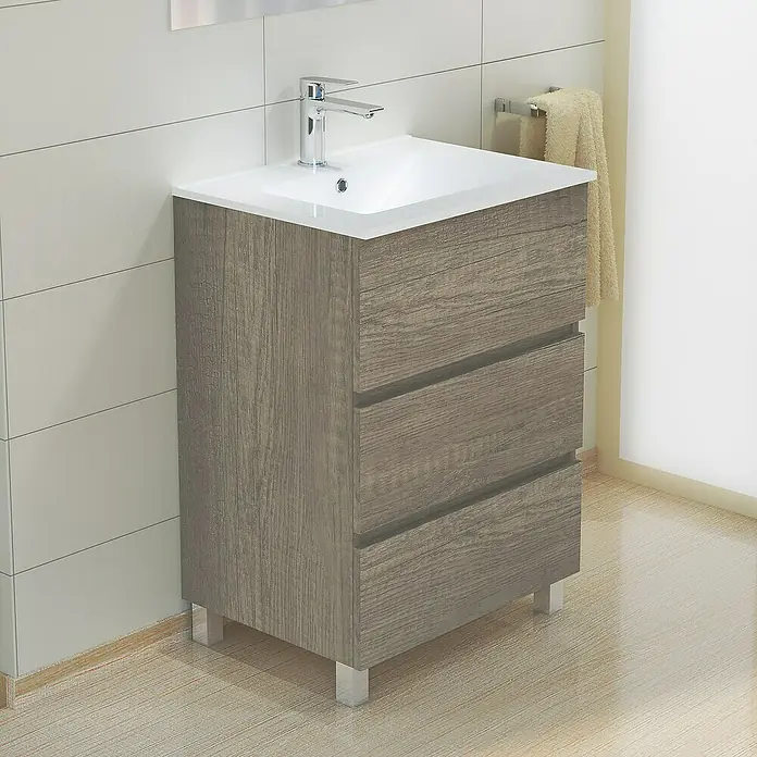 Artysan Mueble bajo de lavabo Patri - 46 x 60 x 85 cm, Nebraska - Un mueble de baño con tres cajones y un lavabo blanco, perfecto para baños modernos con mucho espacio de almacenamiento.