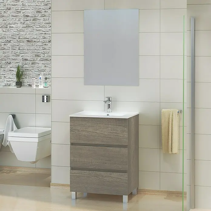 Artysan Mueble bajo de lavabo Patri - 46 x 60 x 85 cm, Nebraska - Elegante baño con mueble de lavabo gris con cajones y espejo a juego para un aspecto moderno y elegante.