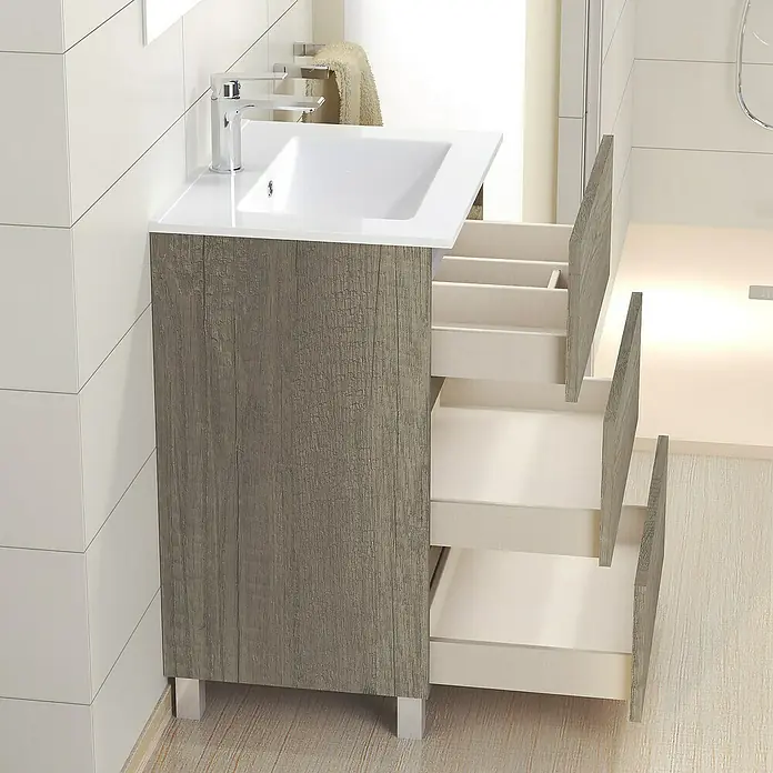 Artysan Mueble bajo de lavabo Patri - 46 x 60 x 85 cm, Nebraska - Un mueble de baño con lavabo y tres cajones abiertos, un diseño moderno para baños elegantes.
