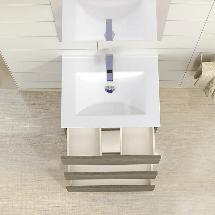 Artysan Mueble bajo de lavabo Patri - 46 x 60 x 85 cm, Nebraska - Vista desde arriba de un mueble de baño con lavabo y cajones abiertos, perfecto para la decoración del baño.
