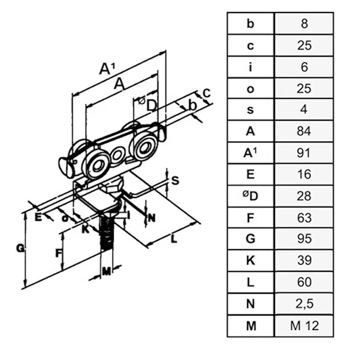 HBS Betz Rollapparat Typ 30 - Doppelpaarig, Traglast: 90 kg, Länge: 123 mm - Schematische Darstellung eines Schiebetürsystems mit zugehörigen Maßangaben in einer Tabelle, die eine detaillierte Produktübersicht bietet.