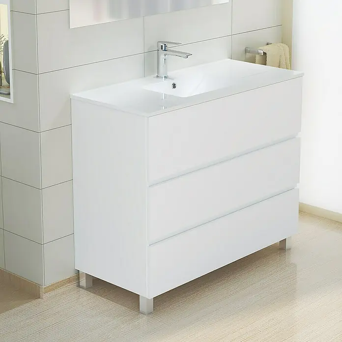 Artysan Mueble bajo de lavabo Patri - 46 x 100 x 85 cm, Blanco mate - Un moderno tocador blanco con tres cajones y una parte superior de lavabo brillante. Elegante y funcional para cualquier decoración de baño.