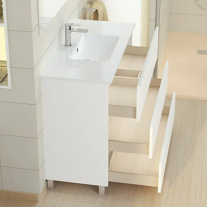 Artysan Mueble bajo de lavabo Patri - 46 x 100 x 85 cm, Blanco mate - Un moderno lavabo de baño con un diseño de cajones abiertos, que combina funcionalidad con diseño elegante.