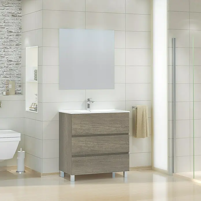 Conjunto de mueble de baño Patri - Ancho: 80 cm, Ancho total del mueble de baño: 80 cm, Nebraska, 3 pzs. - Mueble de baño moderno con tres cajones y patas plateadas bajo un espejo cuadrado.