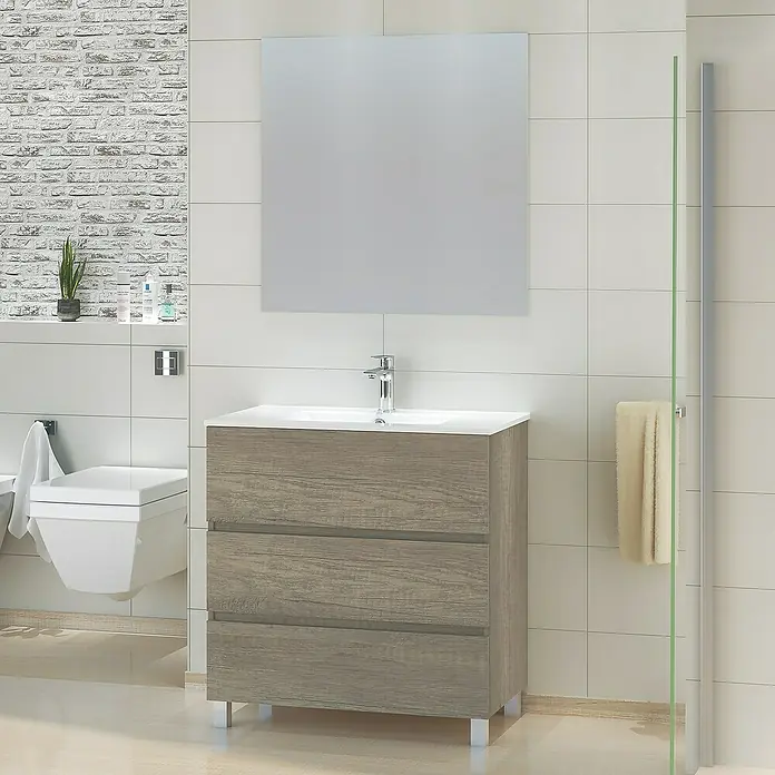 Artysan Mueble bajo de lavabo Patri - 46 x 80 x 85 cm, Nebraska - La imagen muestra un moderno mueble de baño de madera con tres cajones y un lavabo sobre encimera blanco en un baño.