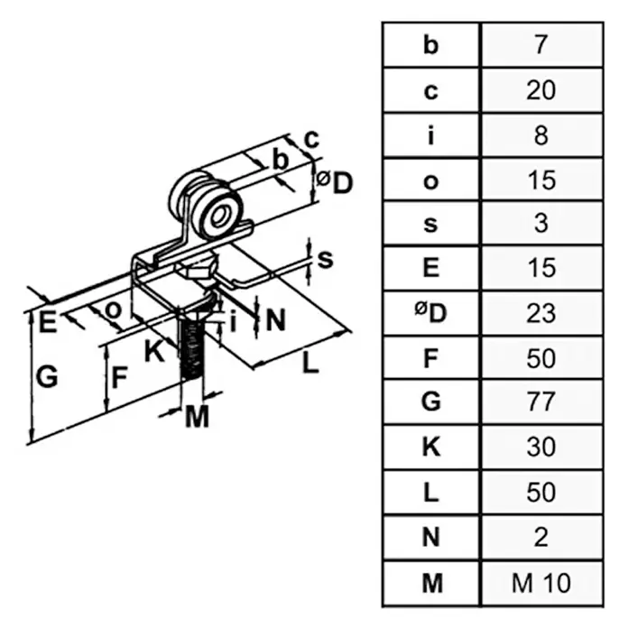 HBS Betz Rollapparat Typ 10 - Einpaarig, Traglast: 30 kg, Länge: 100 mm - Eine technische Zeichnung eines Rollenbock-Aufhängers mit Bemaßungen und zugehöriger Tabelle.