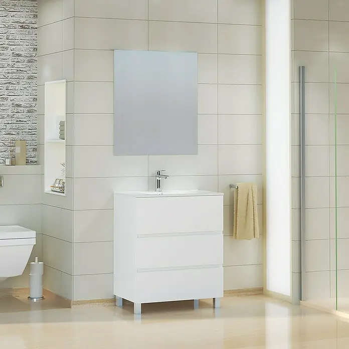 Artysan Mueble de lavabo Patri - 46 x 70 x 85 cm, Blanco mate - Un baño moderno con un elegante mueble de lavabo blanco con tres cajones y un espejo cuadrado encima.