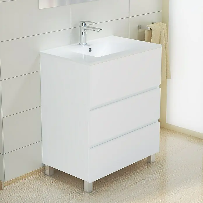 Artysan Mueble de lavabo Patri - 46 x 70 x 85 cm, Blanco mate - Mueble de lavabo con tres cajones y patas color cromo en un baño moderno.